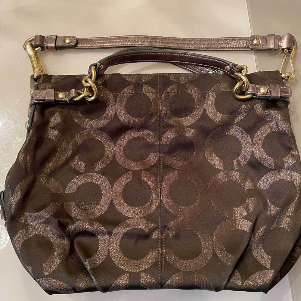 Coach Bronze Monogram shoulder bag with 12” strap or clutch handles